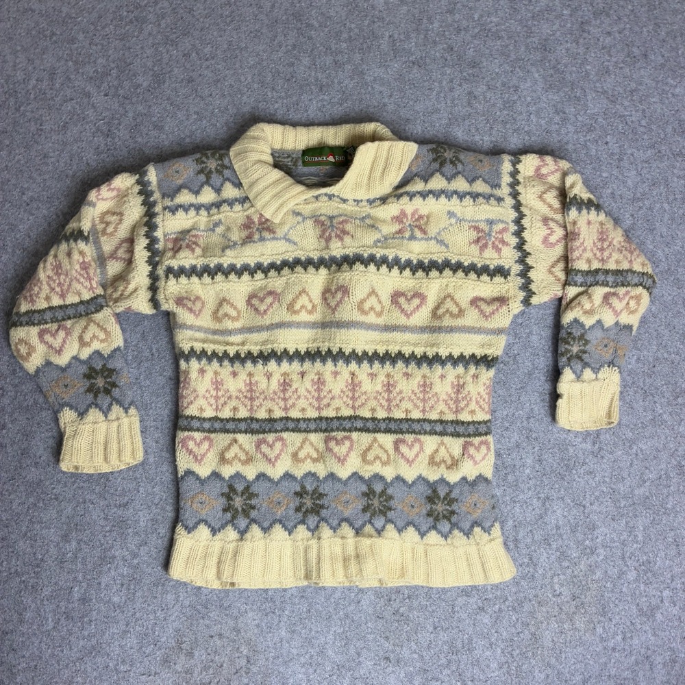 Vtg 90s Outback Red Medium Wool Cottagecore Heart Snowflake Knit Sweater Cream